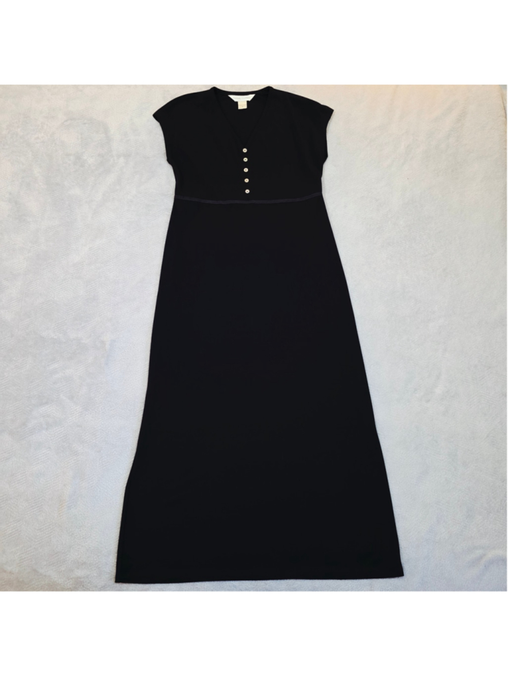 Vintage 90s Black Empire Waist Maxi Dress V-Neck Cap Sleeve Made in USA Womens M
